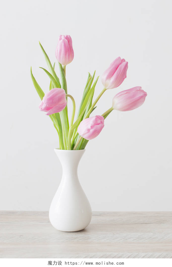 白色背景上花瓶中粉色的郁金香木制桌子上白色陶瓷花瓶中的粉红郁金香 